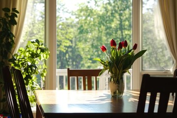 Beautiful red tulips in a vase rest on a wooden table, glowing in warm sunlight by a large window surrounded by greenery