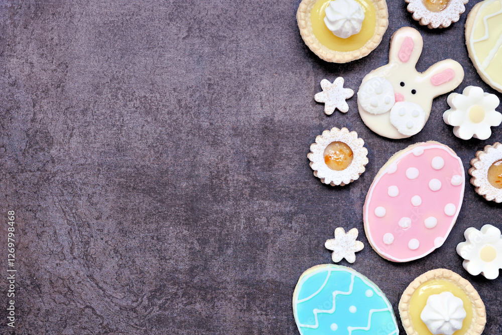 Aufkleber Easter or spring themed baking side border with assorted cookies and sweet desserts. Overhead view on a dark stone background with copy space.