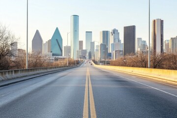 Fototapeta premium A wide, empty road leads directly into a bustling city with tall skyscrapers and a clear sky, showcasing urban architecture