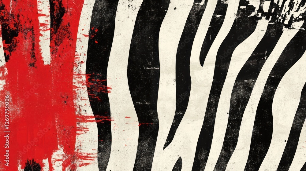 Poster abstract zebra stripes with red paint splatter