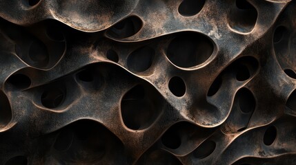 Abstract dark metal background with organic shapes and holes, 3D render. Shiny texture of rusted steel surface. Abstract wallpaper design for wall decoration in interior design