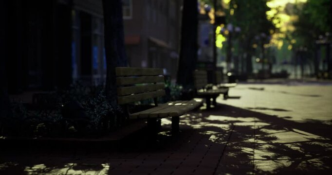 Silence envelops a tranquil urban street as the sun sets, casting long shadows from trees and benches. The peaceful atmosphere invites chance encounters and relaxation.