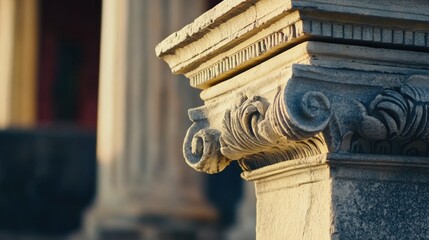 Elegant scrollwork and classical proportions define this weathered Ionic column capital in a historic temple, illuminated by natural light
