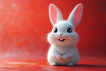 Obraz premium Cute white rabbit with big eyes and expressive features on a vibrant red background