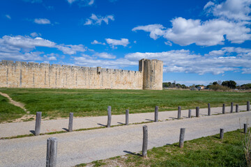 The walls seen from the outside in Aigues-Mortes in Europe, France, Occitanie, Gard, Aigues Mortes,...