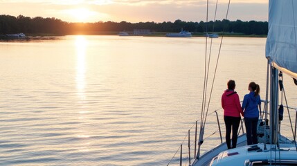 A couple stands together at the bow of a sailboat, watching the sunset as the soft wind gently brushes their hair