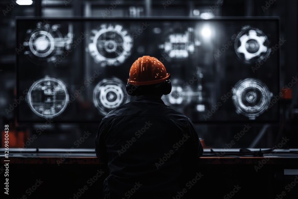 Poster worker monitors machinery controls with digital display in industrial setting. generative ai