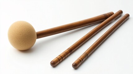 Marimba mallet pair isolated on a white background showcasing their soft round heads and wooden handles