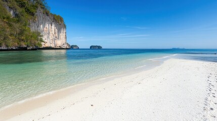 Obraz premium Smooth white sand stretches along a deserted beach with tall cliffs and a deep blue ocean meeting the horizon on a sunny day