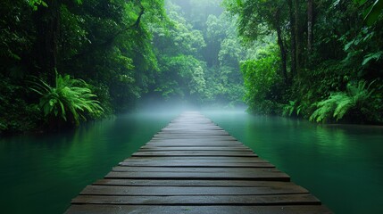 Naklejka premium A lush green rainforest with a small wooden footbridge crossing a crystal-clear river, mist rising in the air