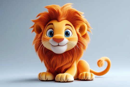 Smiling cartoon lion character with vibrant mane and playful expression in friendly pose