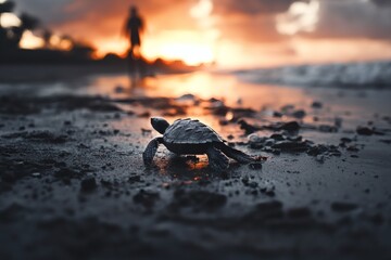 Turtle Hatchling Makes Its Way to the Ocean at Sunset on a Sandy Beach. Generative AI