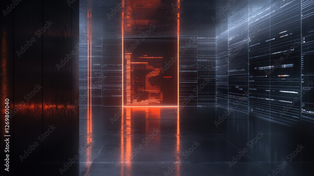Poster futuristic data center with glowing code and server racks visualization