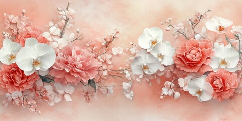 Obraz premium Soft pink carnations and white orchids in a delicate watercolor composition for timeless invitations.