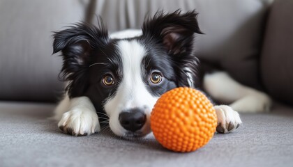 Adorable Border Collie Puppy Playing With Toy Ball Inside, A Charming New Addition To The Family'S Home. Care For Pets And Animals Emphasized.