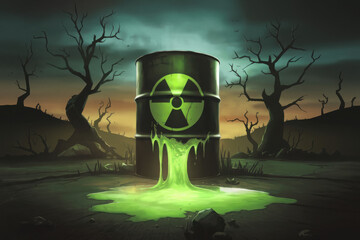 A bright green radioactive waste barrel is leaking, with glowing liquid pooling around it. The background is a barren landscape with twisted trees and dark clouds overhead