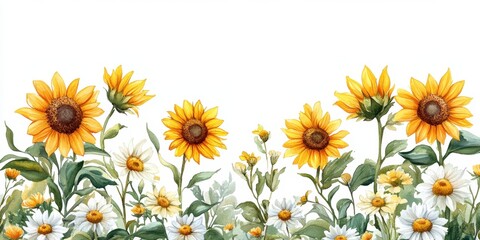 Bright yellow sunflowers and wild daisies in a whimsical watercolor composition for cheerful invitations.