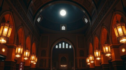 Stunning Mosque Interior with Moonlit Dome and Lanterns