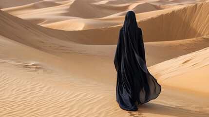 A full-body view of a slender Arabian woman walking through desert sand dunes at sunset, symbolizing strength, freedom, and serenity in a modern desert landscape.

