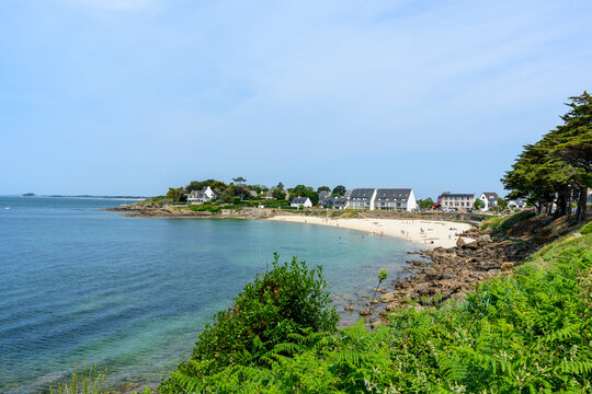 The view of the city and the beach in Arzon in Europe, France, Brittany, Morbihan, Arzon, in summer, on a sunny day.