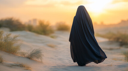 A full-body view of a slender Arabian woman walking through desert sand dunes at sunset, symbolizing strength, freedom, and serenity in a modern desert landscape.


