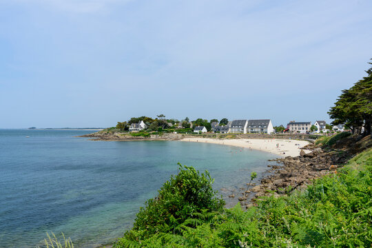 The view of the city and the beach in Arzon in Europe, France, Brittany, Morbihan, Arzon, in summer, on a sunny day.
