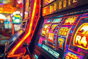 A vibrant close-up of a classic slot machine with glowing neon lights and symbols, creating an exciting and captivating atmosphere in a casino setting, gamble.