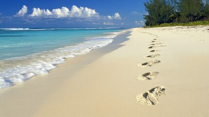 Footprints walk along a tropical beach on a sunny day