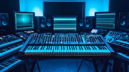 Obraz premium Modern electric keyboard surrounded by synthesizers and monitors in a high tech studio bathed in cool blue lighting