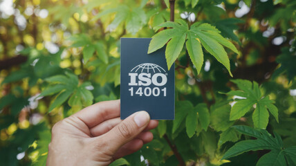 Hand holding ISO 14001 certification card surrounded by lush green foliage showcasing environmental management
