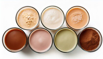 protein shakes of different flavors in glasses isolated on white top view