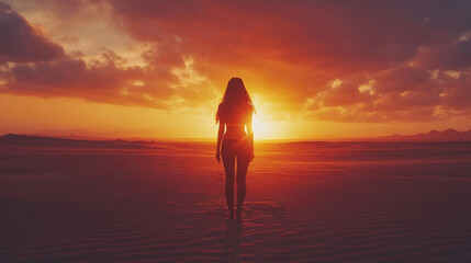 A full-body view of a slender Arabian woman walking through desert sand dunes at sunset, symbolizing strength, freedom, and serenity in a modern desert landscape.

