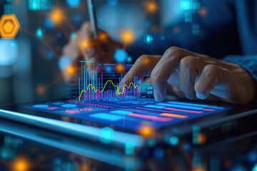 Digital online marketing, Businessman using tablet and analysis sale data graph growth on modern interface icons on strategy, Solution analysis and development contents on global network connection