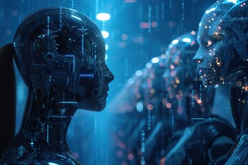 Futuristic business team of AI and Human Concept of human vs AI or cooperation