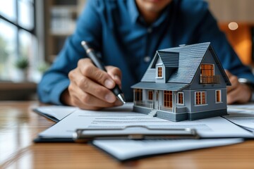 Business professionals signing home titles value real estate agents offering installment payment options for insurance and related services,