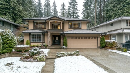 Naklejka premium Luxury home, snowy forest, winter, real estate listing