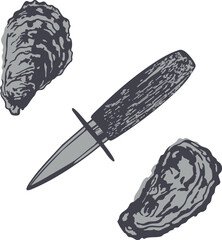 Vector Illustration of Oysters and Shucking Knife. A high-quality vector illustration featuring two oysters and an oyster shucking knife in a detailed, hand-drawn style.