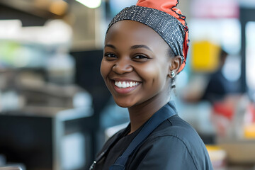 Smiling employee in uniform radiating positivity and dedication at work