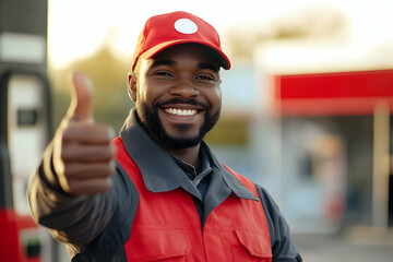 Smiling gas station worker in uniform showing a thumbs-up gesture full of positivity