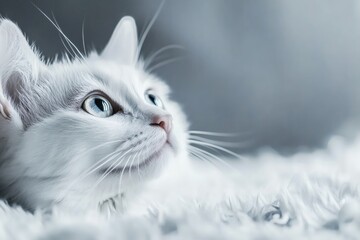 Fototapeta premium White Cat Gazing Thoughtfully in a Cozy Indoor Setting During Daylight. Generative AI