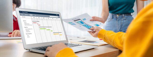 Project planning software for brisk business project management on the computer screen showing...
