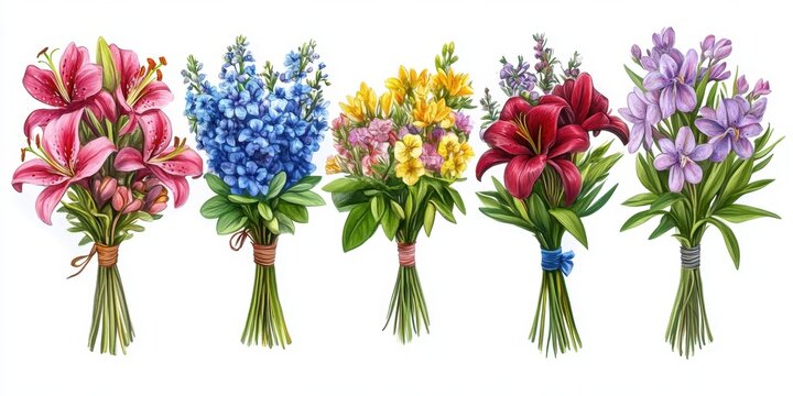 Cartoon Bouquet set various floral arrangements with mountain bluets, nerines, and oxblood lilies blossoms.