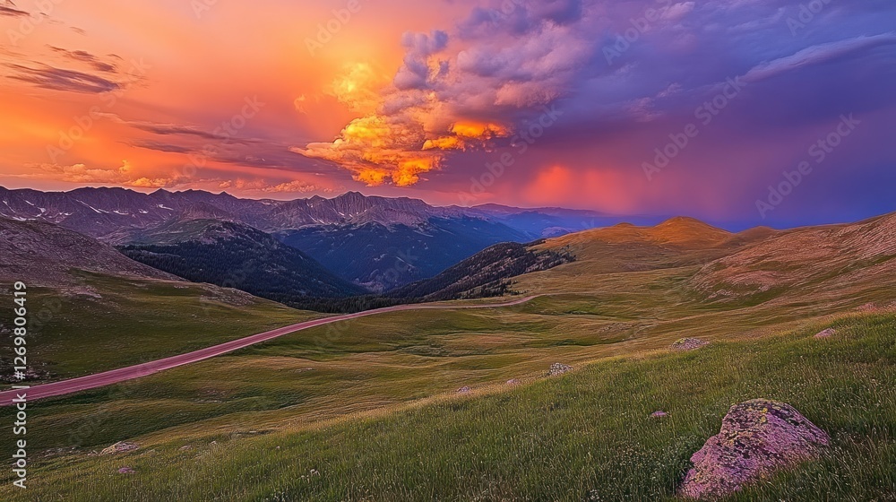 Poster Scenic mountain landscape with colorful sunset and winding road