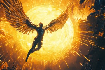 Futuristic cybernetic Icarus with mechanical wings soaring toward a blazing sun, symbolizing ambition, technology, and the limits of human innovation