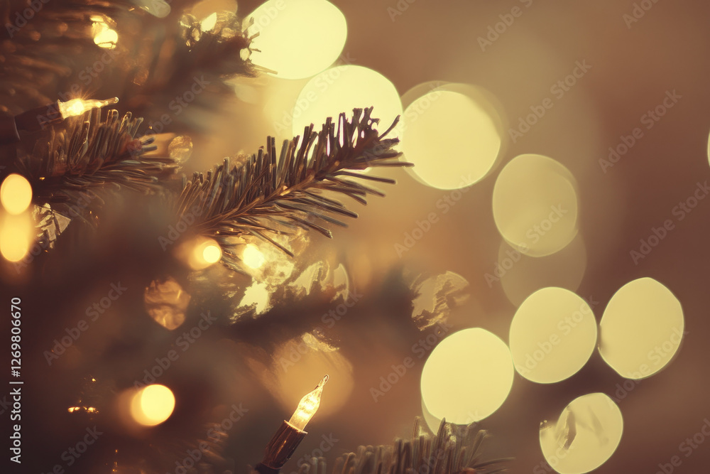 Poster close up of christmas tree branch adorned with warm glowing lights, creating festive and cozy atmosp