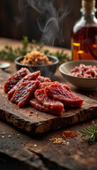 Delicious biltong slices on rustic wooden board, culinary allure