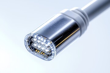 Close-up of a modern LED flashlight with a metallic body and clear encasing, showcasing the bright lights on a clean, bright background for product display.