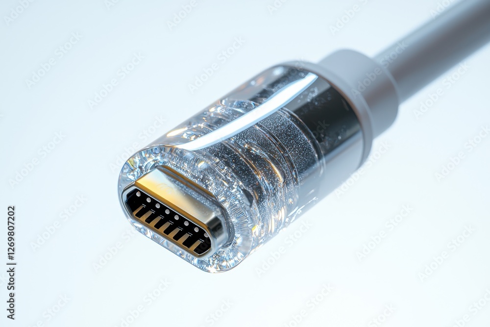 Poster macro shot of a usb type-c connector with a transparent shell, highlighting the internal components 