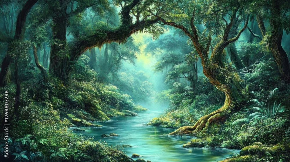 Poster lush forest landscape with a river flowing through the trees