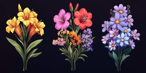 Cartoon Bouquet set various floral arrangements with gladiolus, yarrow, and cosmos blossoms.
